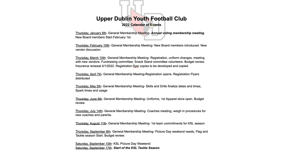 UDYFC Schedule